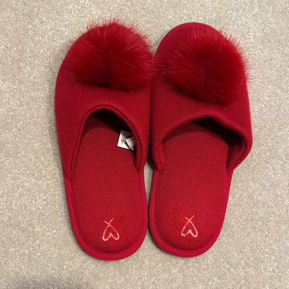 Victoria's Secret Red Pom-Pom Slippers Size Large